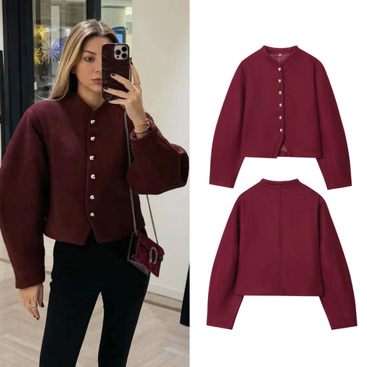 Women's Autumn And Winter New Fashion Simple Short Coat Round Neck Single Breasted Solid Color Commuting Casual Jacket Top
