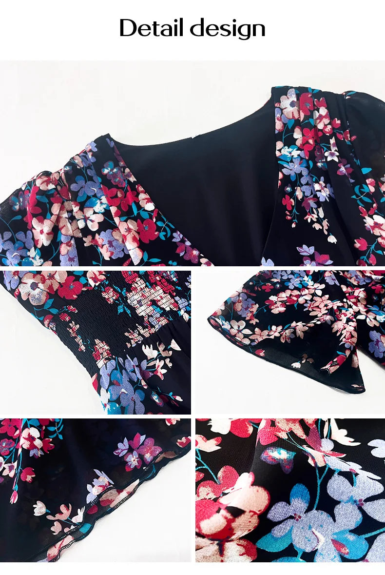 Women's clothing 2025 spring and summer, temperament printing waist short sleeves, dresses, long styles