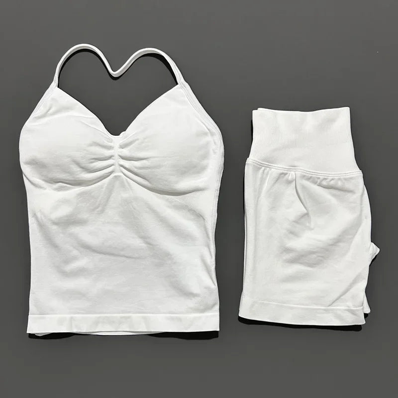 NoLogo Women 2 Piece Yoga Outfit Seamless Strappy Bra High Waist Butt Lifting Scrunch Shorts Gym Activewear