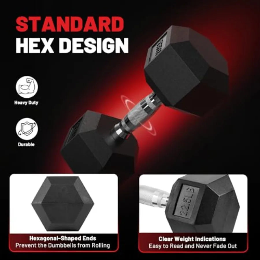 Rubber Encased Hex Dumbbell Set 140 lb Home Free Weights Pair of 5 8 10 12 15 20 lb with Rack Black Gym Training Equipment