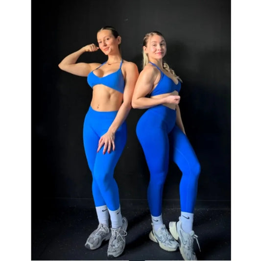 Omen's Lace-up Top and Leggings Set with Padded High Waist Folding and Seamless Design for Yoga Fitness and Gym Workouts