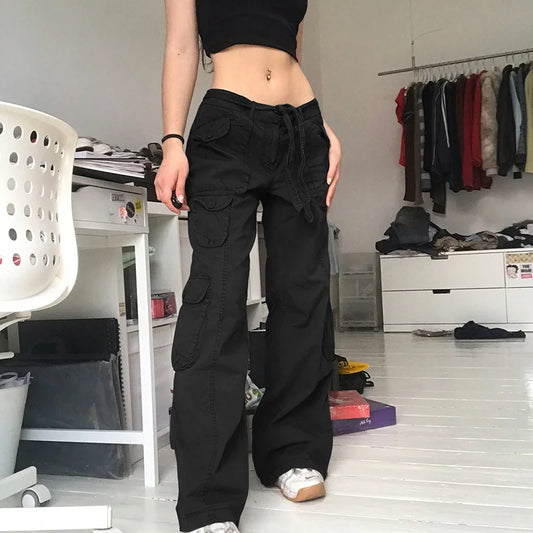 European and American trend: women's clothing, casual street style, loose waistband, high waist, multiple pockets, gray wide leg