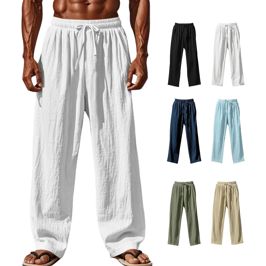 2025 New Men Cotton and Linen Casual Pants Simple and Comfortable Straight Leg Pants Waist Drawstring Plus Size Looser S-4XL