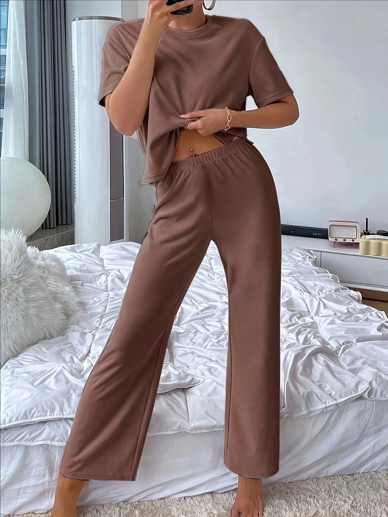 Women's Casual Loose Loungewear Set - Split Hem Top & Drawstring Waist Pants
