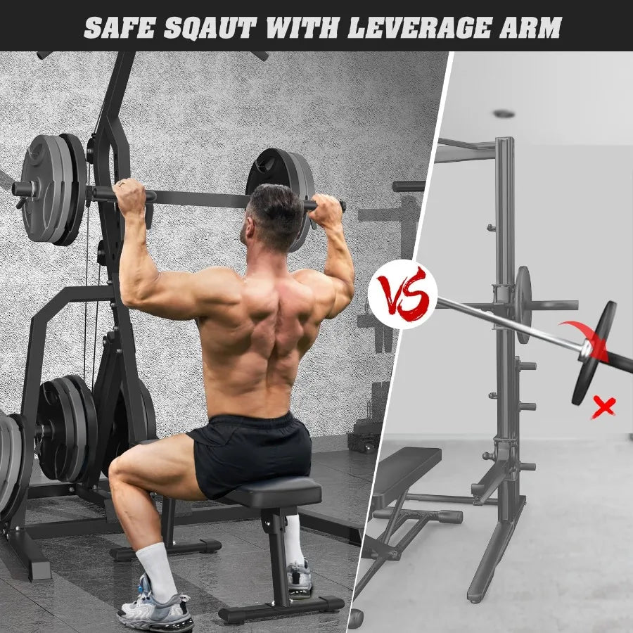 Power Rack Squat Rack Lever Gym with LAT Low Row System Home Gym System Workout Station 2:1 Ratio (Without Weight Plates)