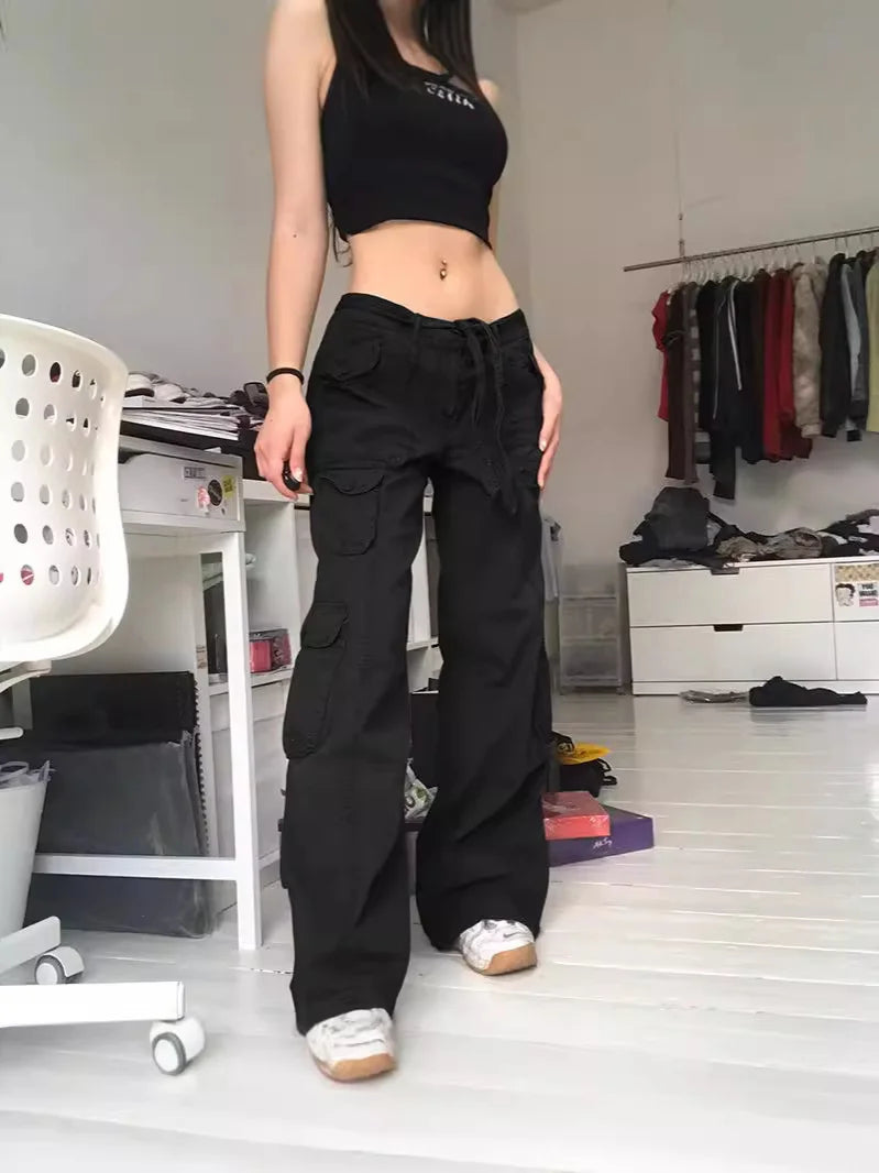 European and American trend: women's clothing, casual street style, loose waistband, high waist, multiple pockets, gray wide leg