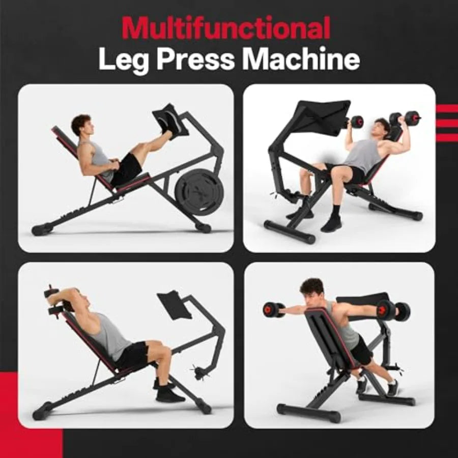 Home Gym Leg Press Machine with Adjustable Weight Bench and Leg Extension Steel Construction Black Supports 1'' 2'' Plates Spac
