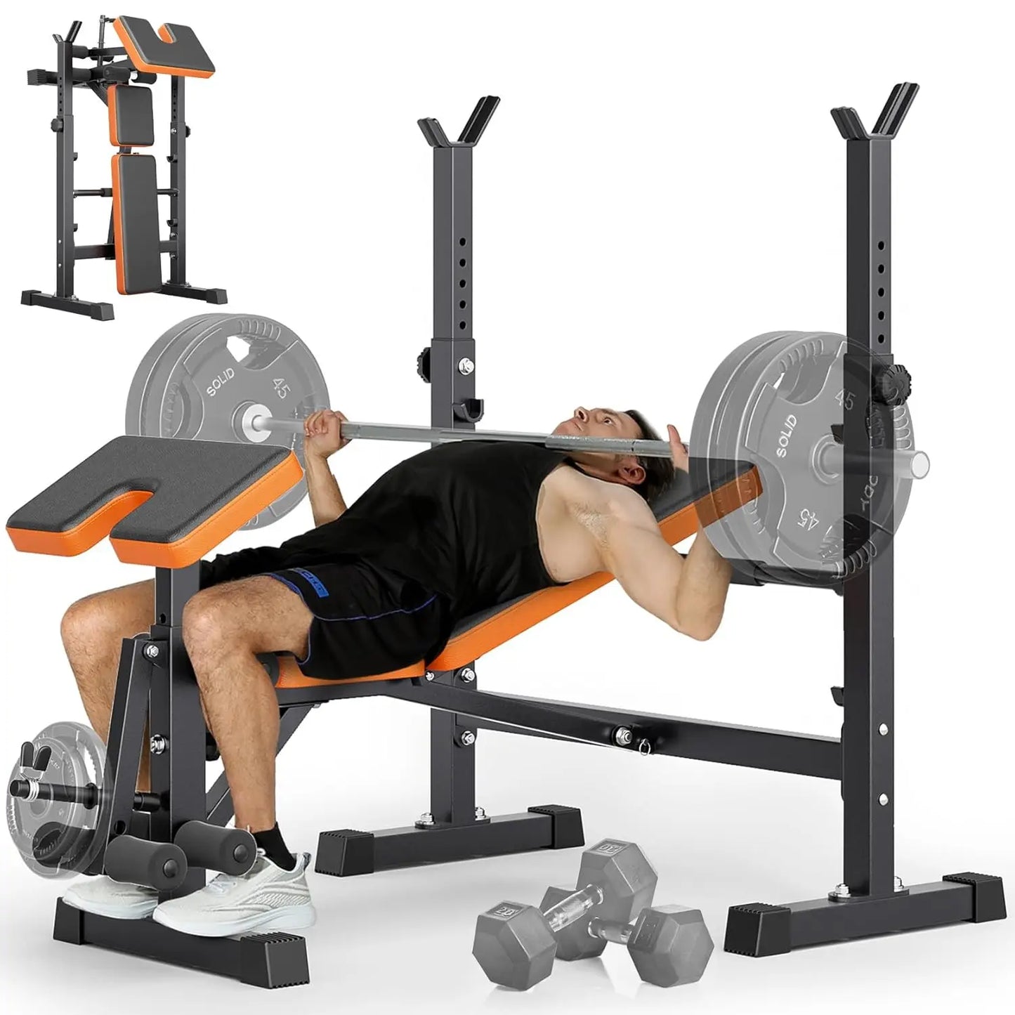 6 in 1 Space Saving Weight Bench Set for Home Gym, Fast Folding & Adjustable Workout Bench, Bench Press Rack/Leg, Customized