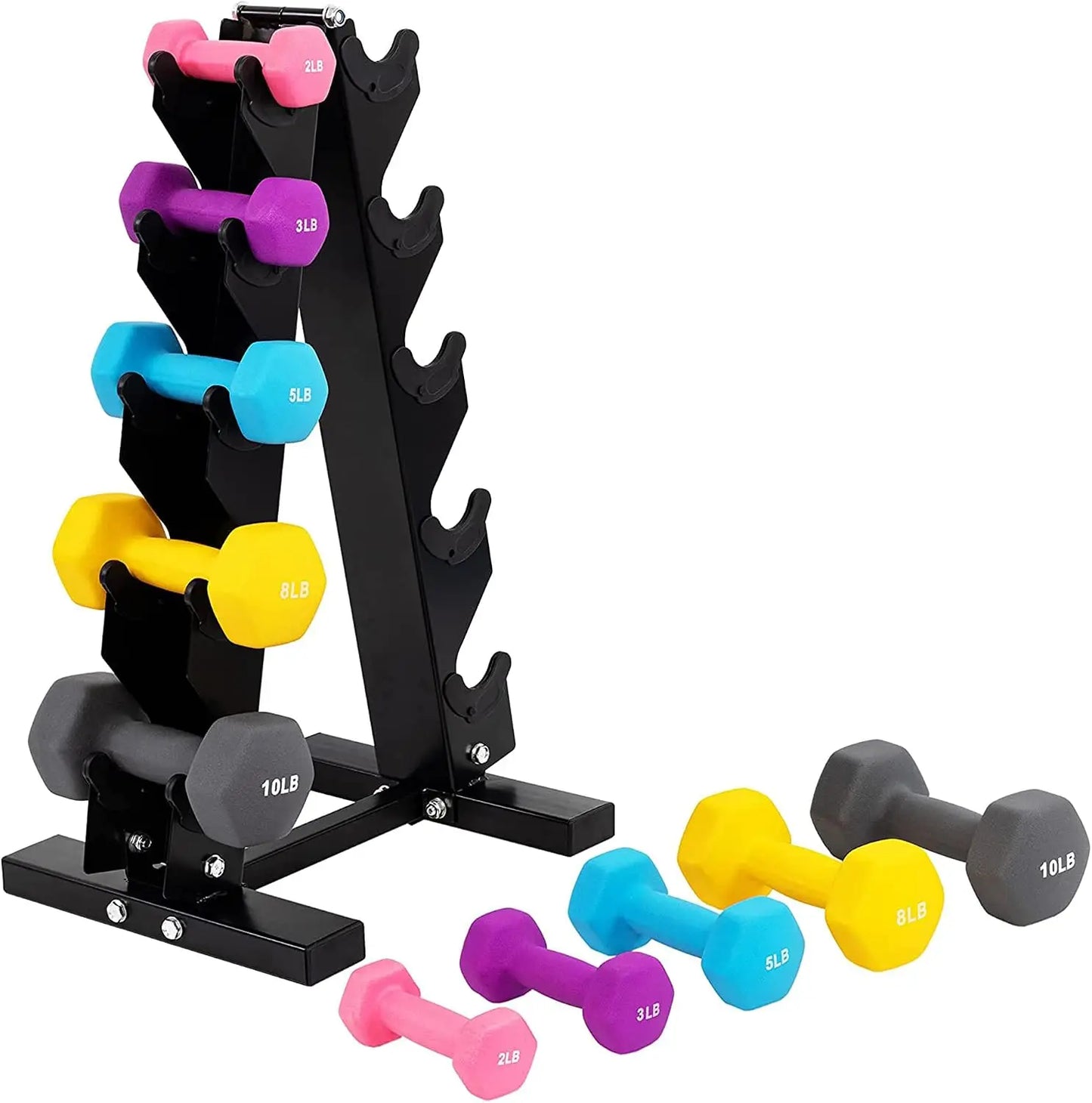 Neoprene Coated Iron Dumbbell Hex Weights Set With Heavy Duty A Frame Storage Stand, Hexagonal Hand Weights Set Non Slip Grip Anti Roll Floor Safe Dumbbells Pair For Home Gym Strength Training, Black