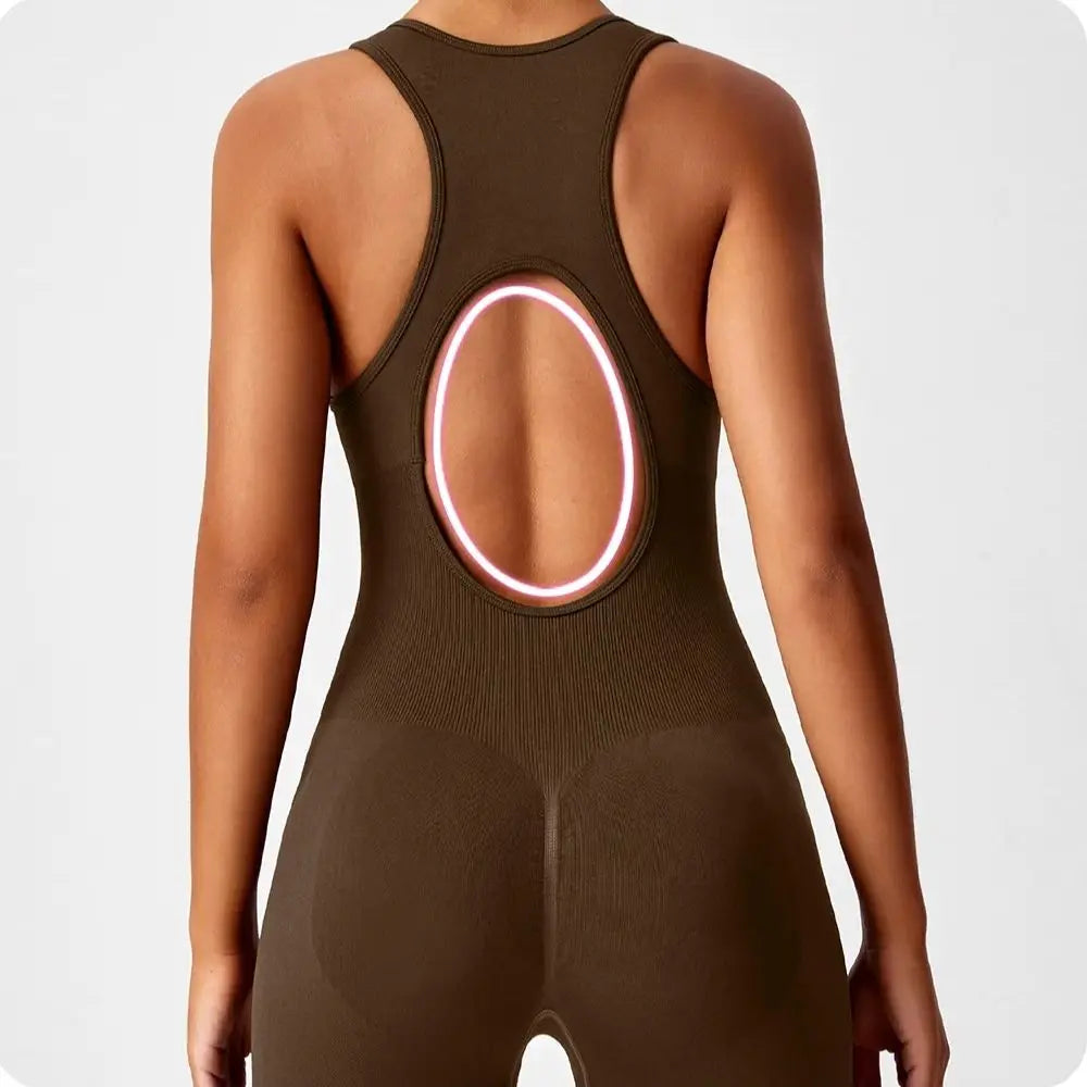 Seamless Peach Booty One-Piece Yoga Bodysuit - V-Back Tummy Control Gym Outfit for Women - Sexy Workout Jumpsuit Fitness Bodycon