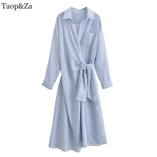 New women's clothing European and American style fashionable simple casual striped double breasted dress