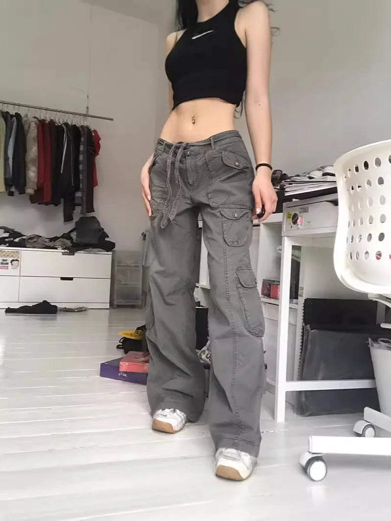 European and American trend: women's clothing, casual street style, loose waistband, high waist, multiple pockets, gray wide leg