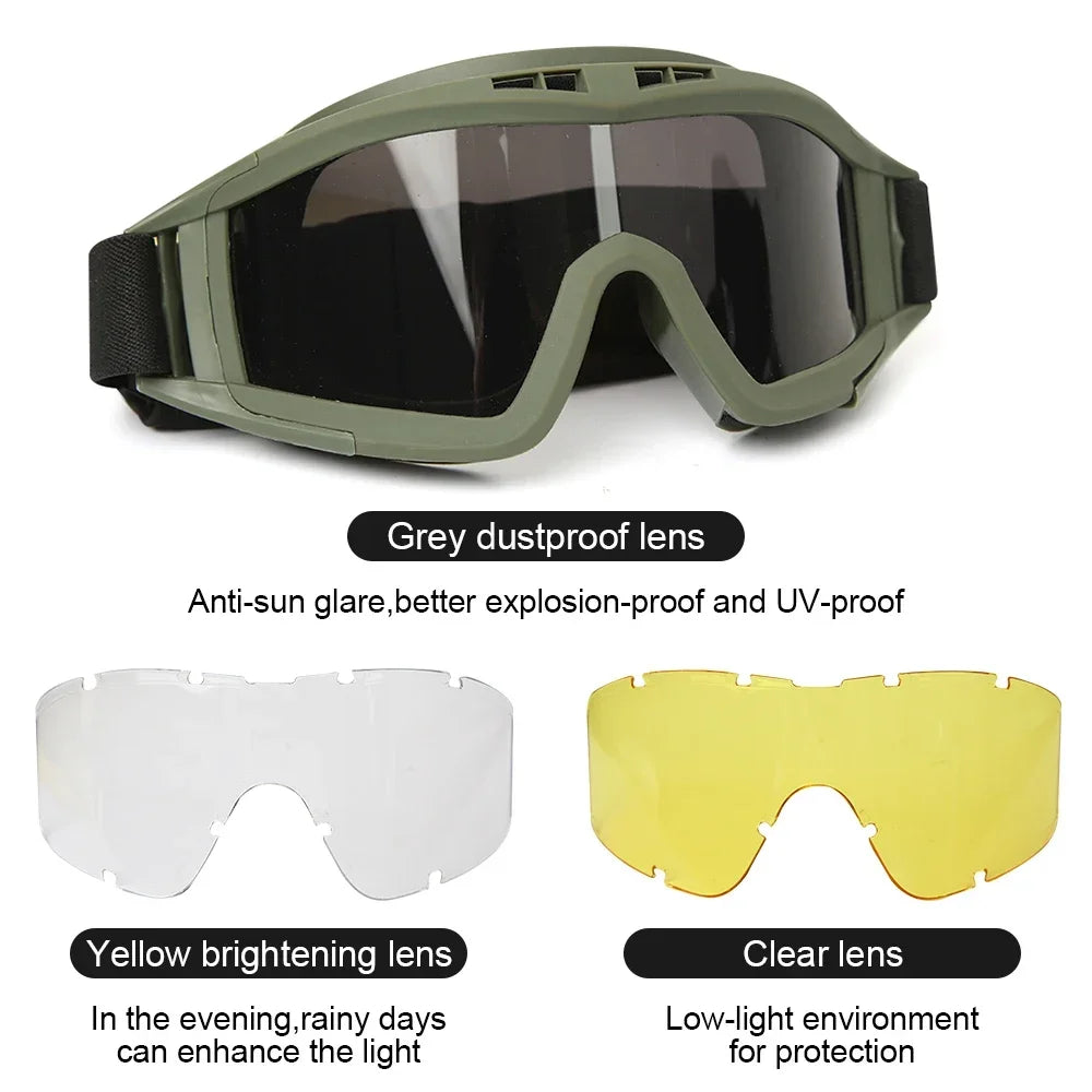 New Airsoft Tactical Goggles 3 Lens Windproof Dustproof Shooting Motocross Motorcycle Mountaineering Glasses CS Safe Protection