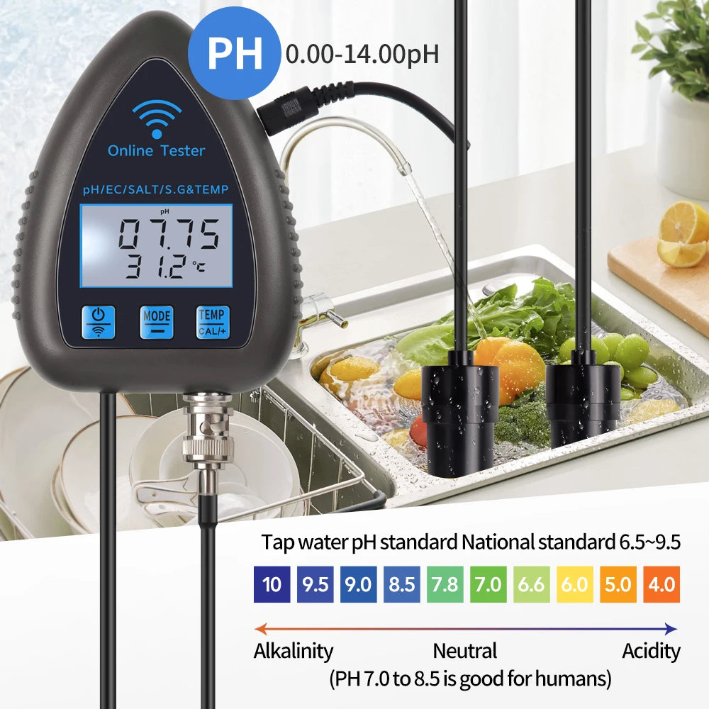 Tuya WiFi 5 in 1 Water Quality Meter Online Tester TDS/EC/SALT PH S.G.TEMP Detector Multifunction Water Analyzer for Aquariums