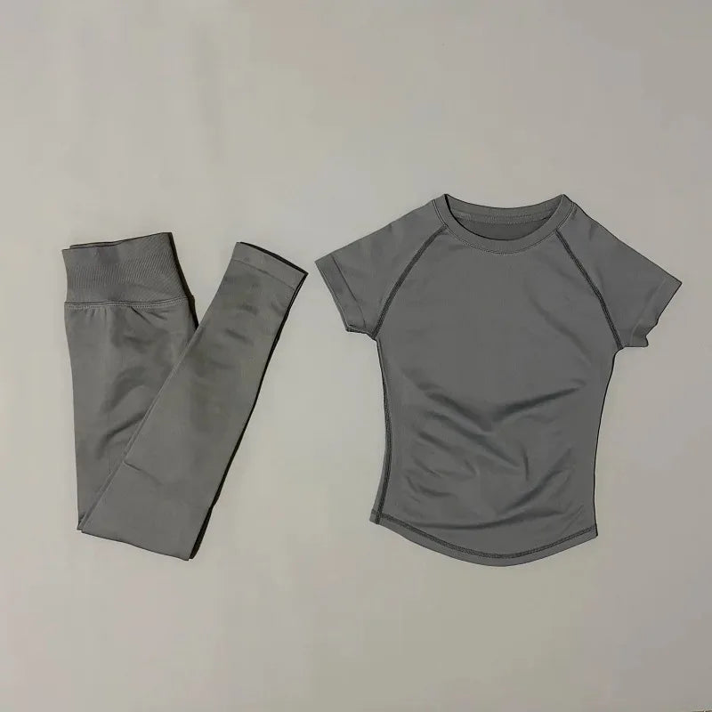 NoLogo Women Seamless Workout Set Short Sleeve Compression Top High Waist Scrunch Leggings Fitness Activewear Suit
