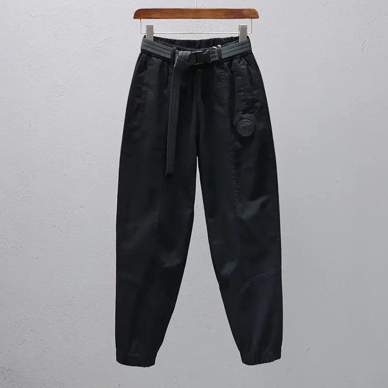 Women Harem Pants Cotton Sweat Pants Elastic Waist Office Lady Loose Casual Trousers with Belt Fashion Ankle Banded Red White