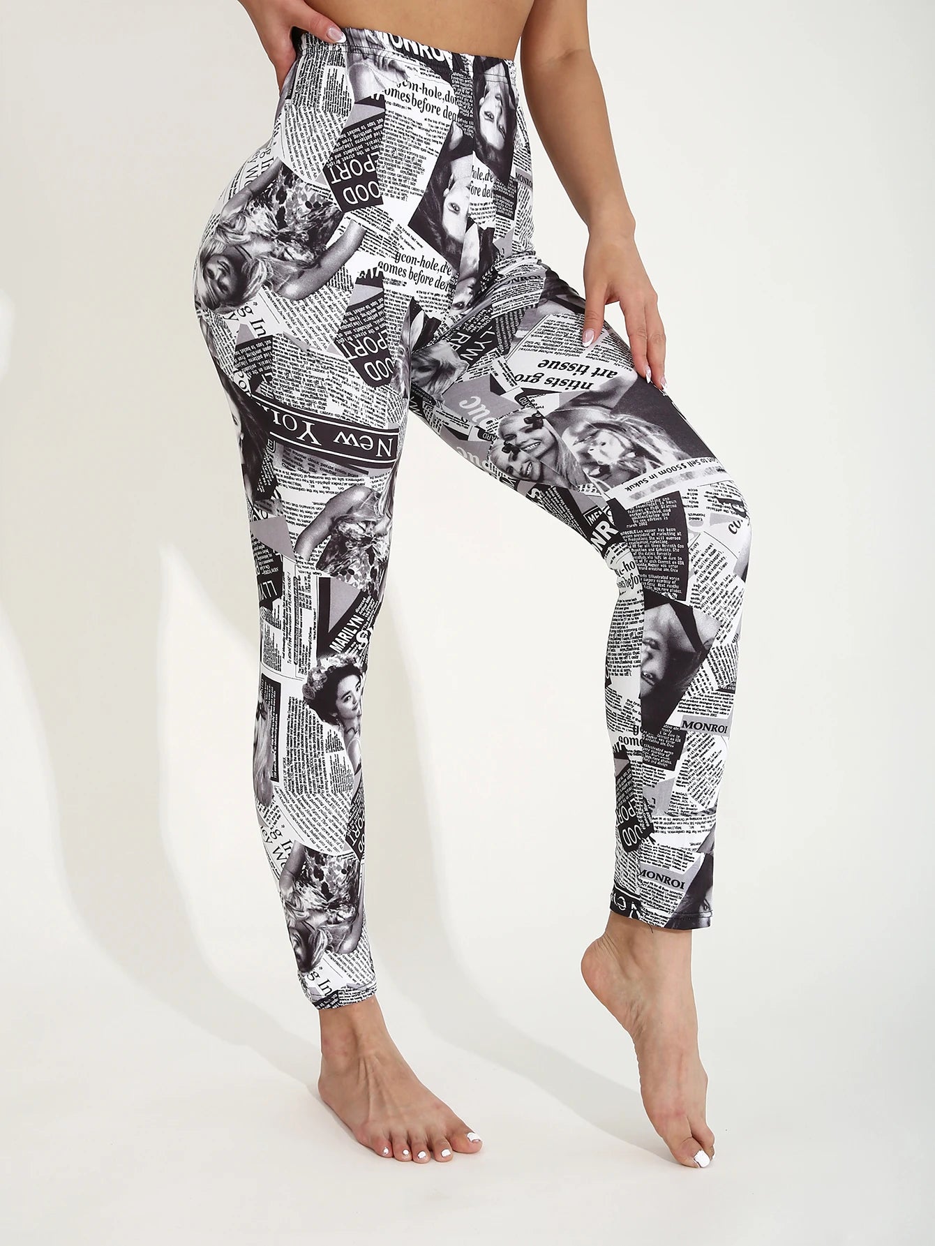 Autumn Winter 1PACK Women's Newspaper Portrait Pattern Sexy Tight Legging Casual Sports Elegant Fitness Yoga Pants