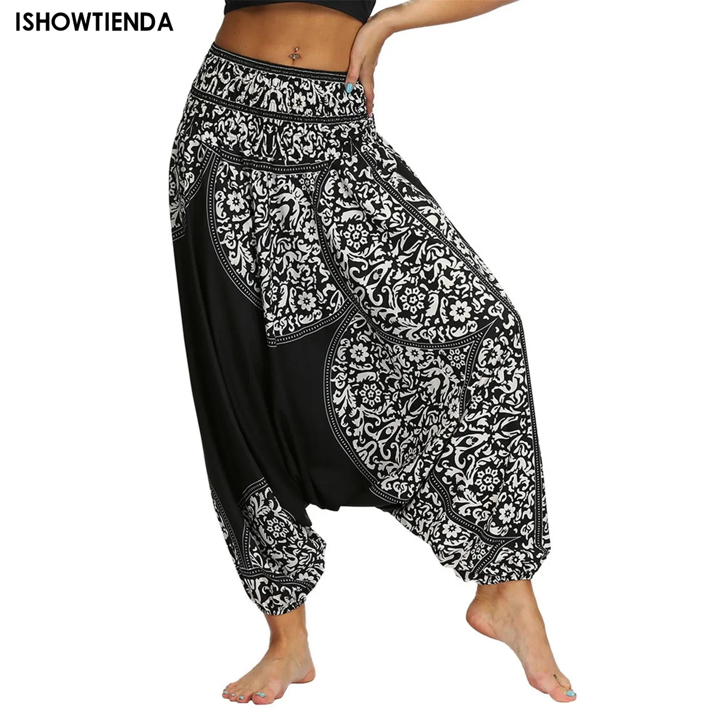 Women Bohemian Harem Pants Elastic Waist Wide Leg Long Pant Vintage Printed Trousers Female Loose Capris Ladies Streetwear