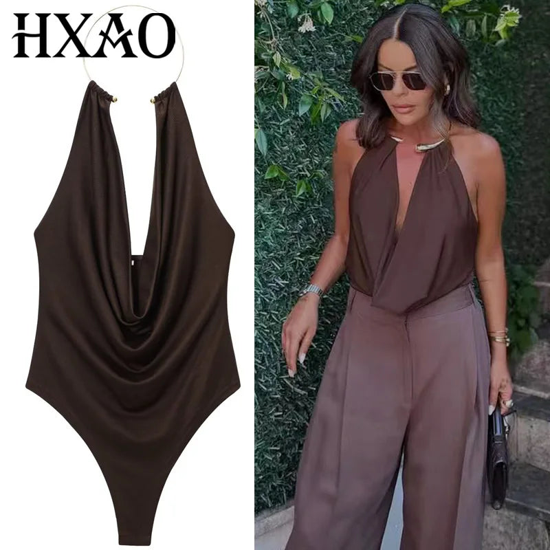 HXAO Brown Halter Bodysuit Women Summer Bodys For Sexy Women Off Shoulder Sleeveless Thong Bodysuit With Open Back Rave Bodysuit