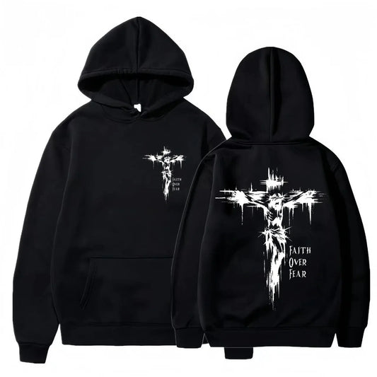 Men's hoodie with religious cross and motivational text prints pullover style autumn fashion hooded hoodie casual hoodie unisex