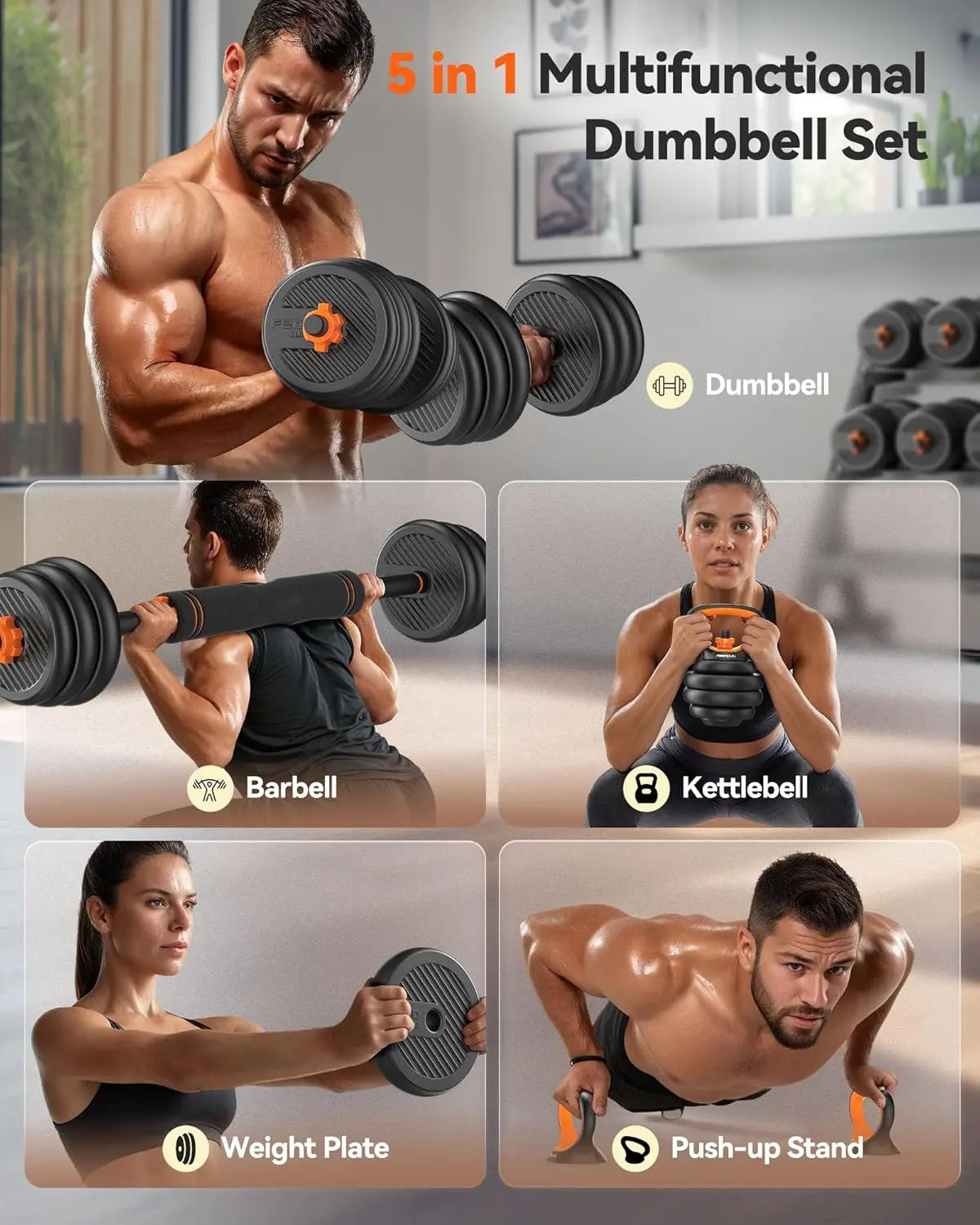 Adjustable Dumbbells, 20/30/40/45/70/90lbs Free Weight Set with Connector, 5 in1 Dumbbells Set Used as Barbell, Kettlebells, Pus