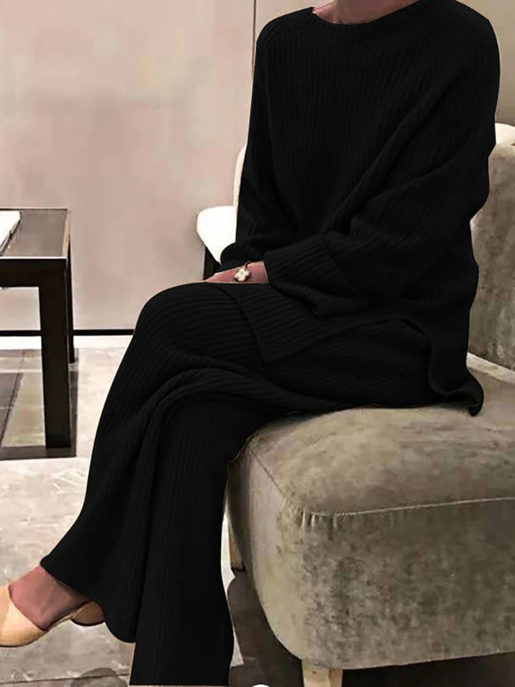 Women Elegant Sweater Suit Elegant Knitted Two Pieces Set Autumn Winter Oversized Pullover and Trousers Suit Female Outfits 2022