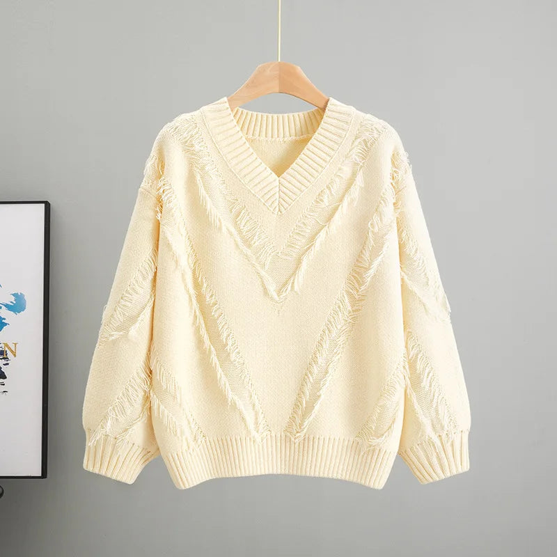 European and American New Women Clothing 2025 Autumn Lazy Wind Striped V-neck Sweater Loose Pullover Knitted Sweater Women