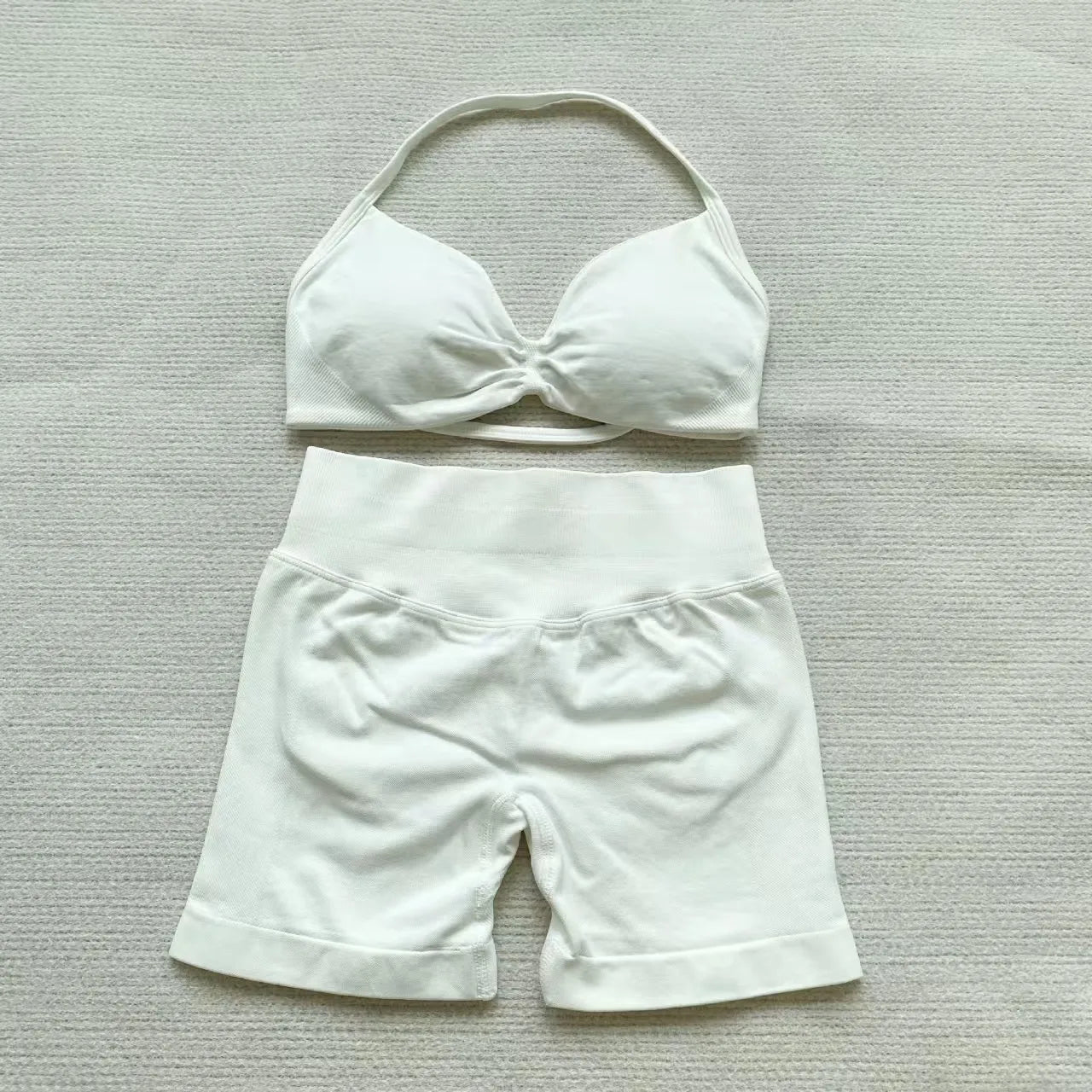 NoLogo Women 2 Piece Yoga Outfit Seamless Strappy Bra High Waist Butt Lifting Scrunch Shorts Gym Activewear