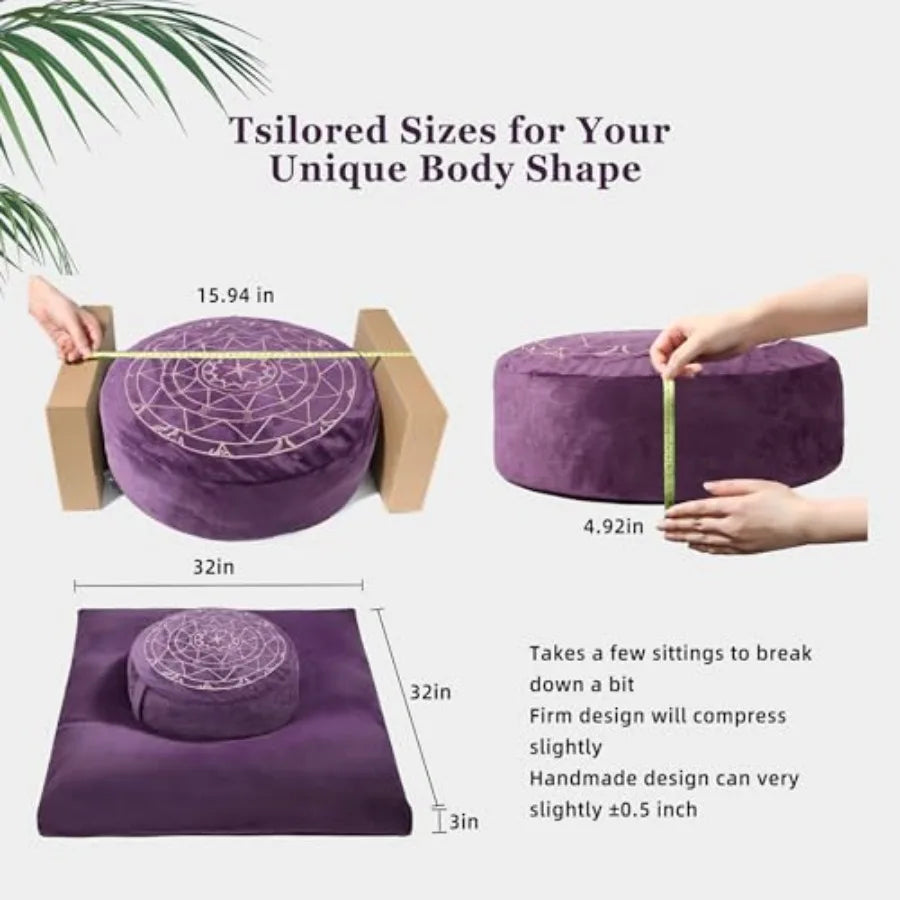 Zafu and Zabuton Meditation Cushion Set - Buckwheat Hull and Memory Foam Pillows Ergonomic Support for Yoga Mindfulness - Organ