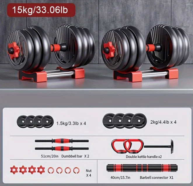 4-in-1 adjustable weight dumbbell set, dumbbells, barbells, kettlebells, prone push-up mode, 22lbs/33lbs kg exercise equipment