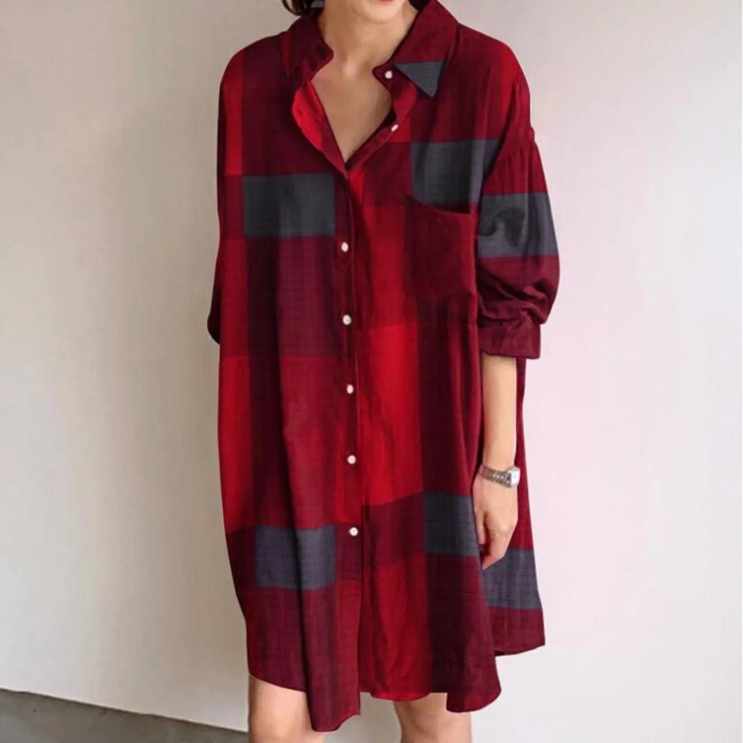 Women'S Fashion Casual Plaid Print Lapel Single-Breasted Panel Straight Long Sleeve Loose Shirt Dress Vestidos En Oferta Liquida