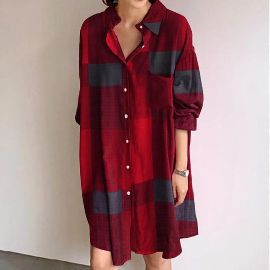 Women'S Fashion Casual Plaid Print Lapel Single-Breasted Panel Straight Long Sleeve Loose Shirt Dress Vestidos En Oferta Liquida