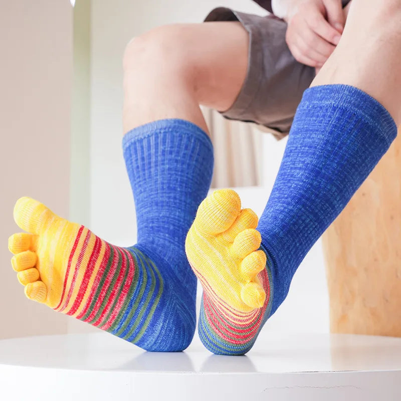 Man Toe Socks Long Plus Large Size Cotton Colorful Striped Compression Sport Fitness Happy Funny 5 Finger Calf Socks EU42-46