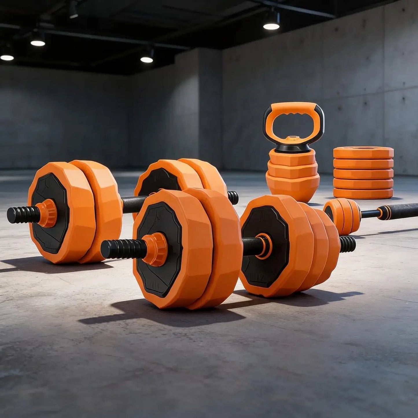 Garvee Combines Dumbbells Kettlebell Barbell Push-Up Stands, 4-in-1 Adjustable Dumbbell Set, 44 LBS Multifunctional Home Gym Weights Full Body Strength Training Equipment Orange