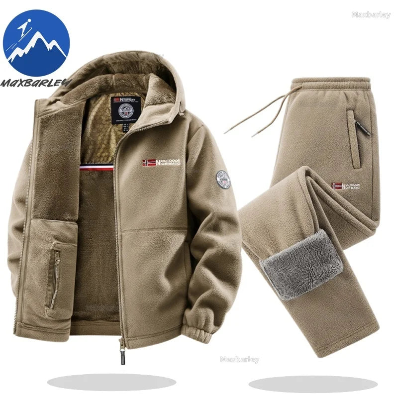 Maxbarley Winter Sportswear Set Mens Retro Training Thick Fleece Jacket + Pants Two Piece Set Casual Ski Running Tracksuit Suit