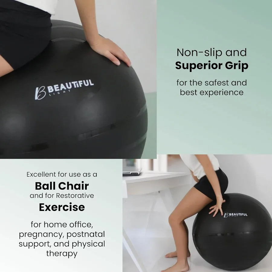 Extra thick and durable yoga ball with antislip matte texture designed for versatile fitness applications including yoga pilate