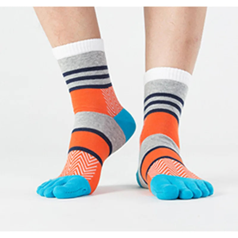 Spring Summer Cotton Toe Socks Mens Striped Contrast Colorful Patchwork Men Five Finger Socks Basket Calcetines