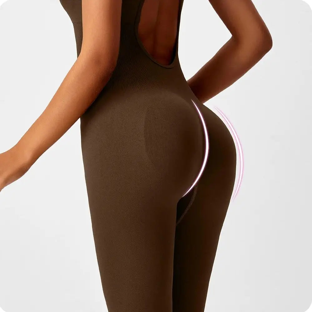 Seamless Peach Booty One-Piece Yoga Bodysuit - V-Back Tummy Control Gym Outfit for Women - Sexy Workout Jumpsuit Fitness Bodycon