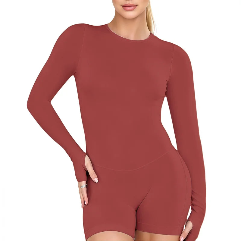 HISTELLO Impact Long Sleeve One Piece Jumpsuit Women Backless Slim Fit Elastic Tummy Control Yoga Gym Sports Workout Bodysuit