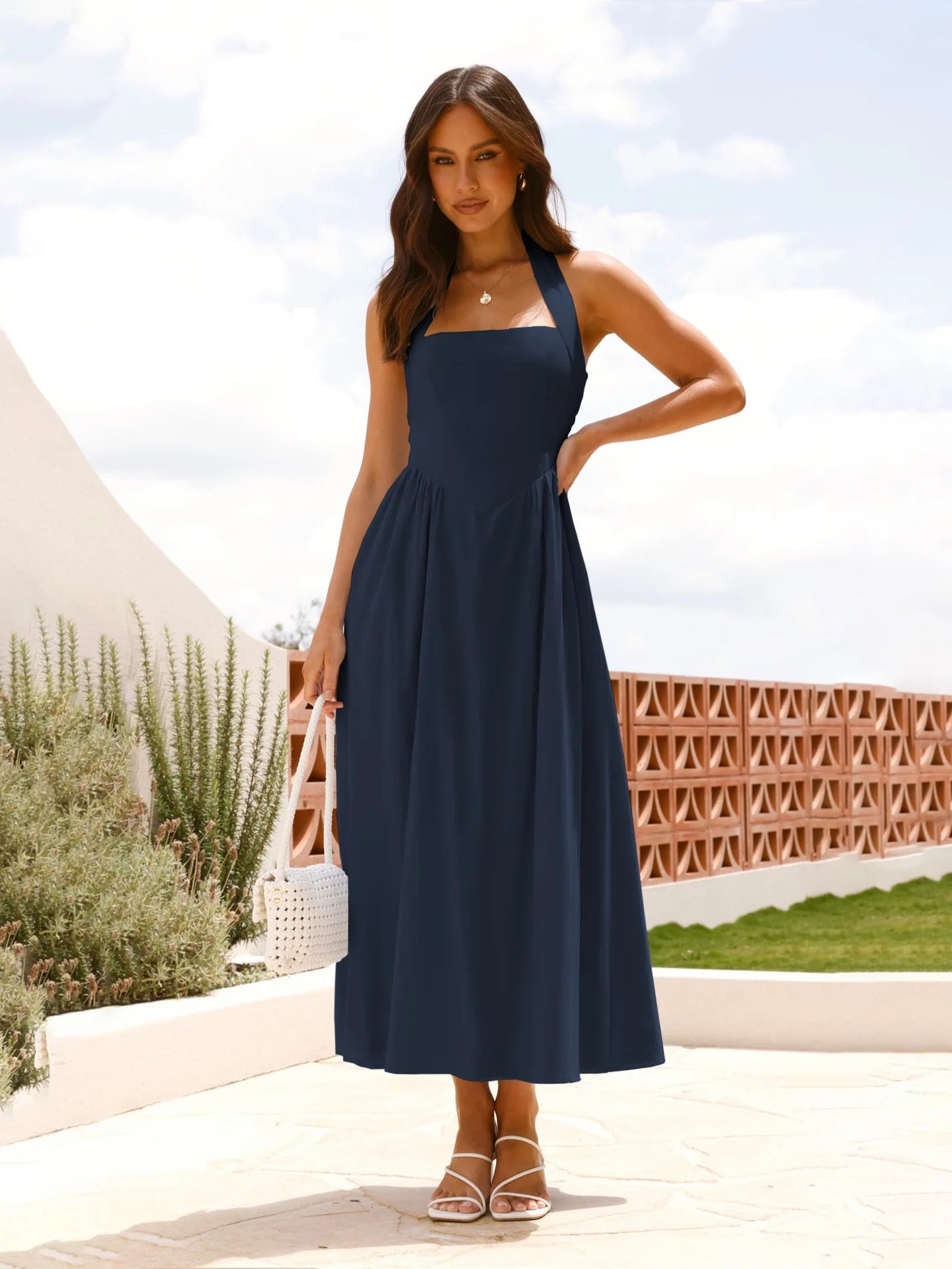 European and American Women's Clothing 2025 New Temperament Solid Color Square Collar Waist Halter Neck Backless Dress