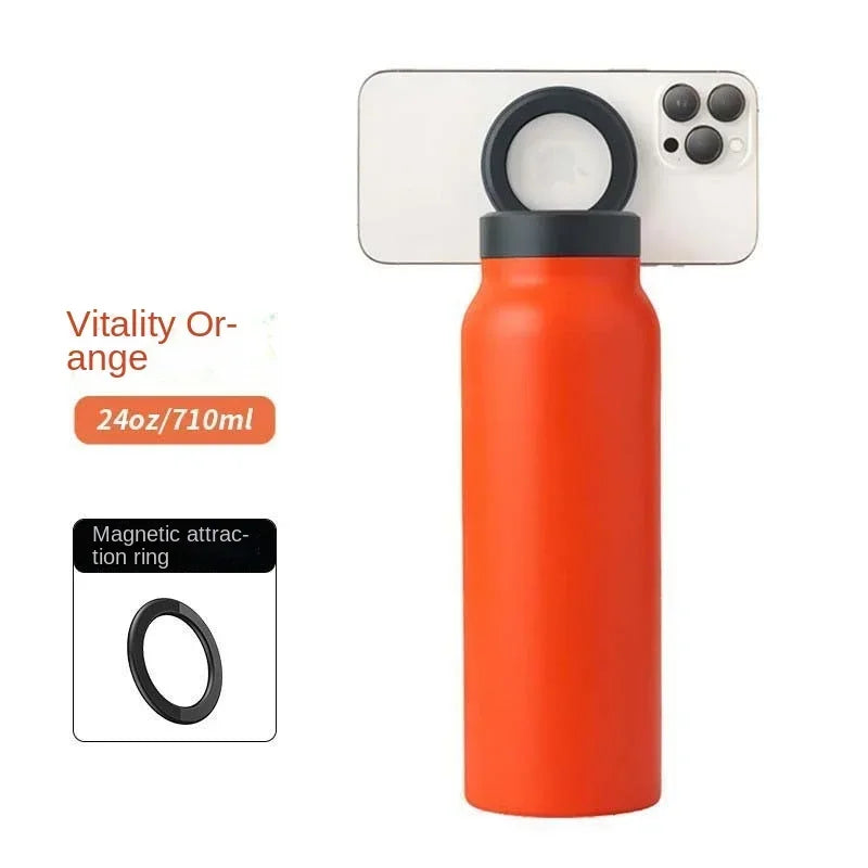 Magnetic Phone Holder Sports Water Bottle Insulated Flask with Phone Mount Stand for Gym Outdoor Activities and Daily Hydration