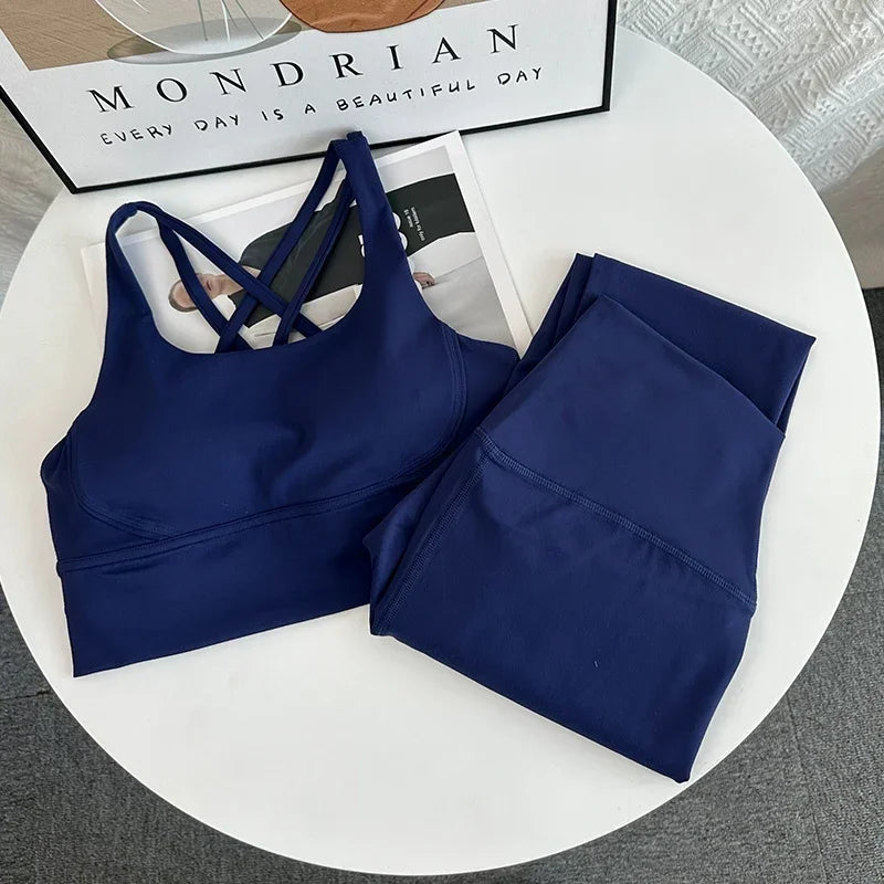 2024 New 2 Piece Yoga Set Breathable Fitness Suit Cross Back Yoga Tops Peach Butt Yoga Pants Pilates Running Fitness Suit