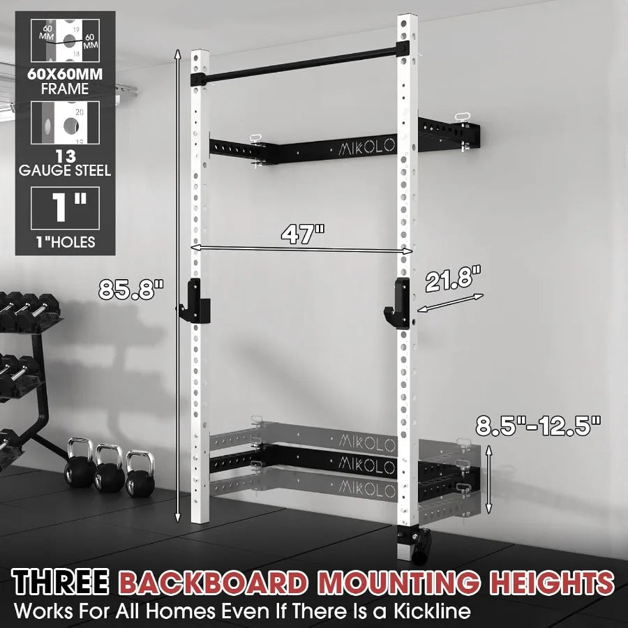 Wall Mounted Squat Rack with Folding Design and Integrated Lat Pulldown Cable Crossover System for Home Gym Compact Power Cage