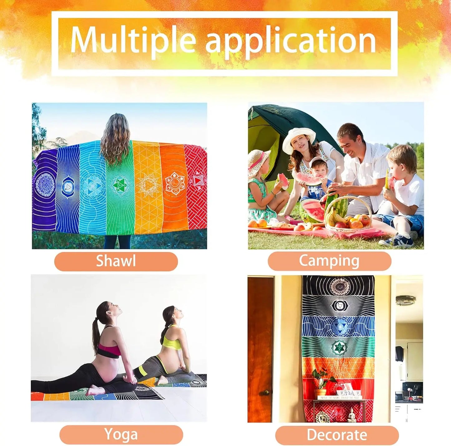 Chakra Meditation Mat Yoga Rug Beach Blanket Sunscreen Shawl Wall Tapestry Decor 59in Polyester