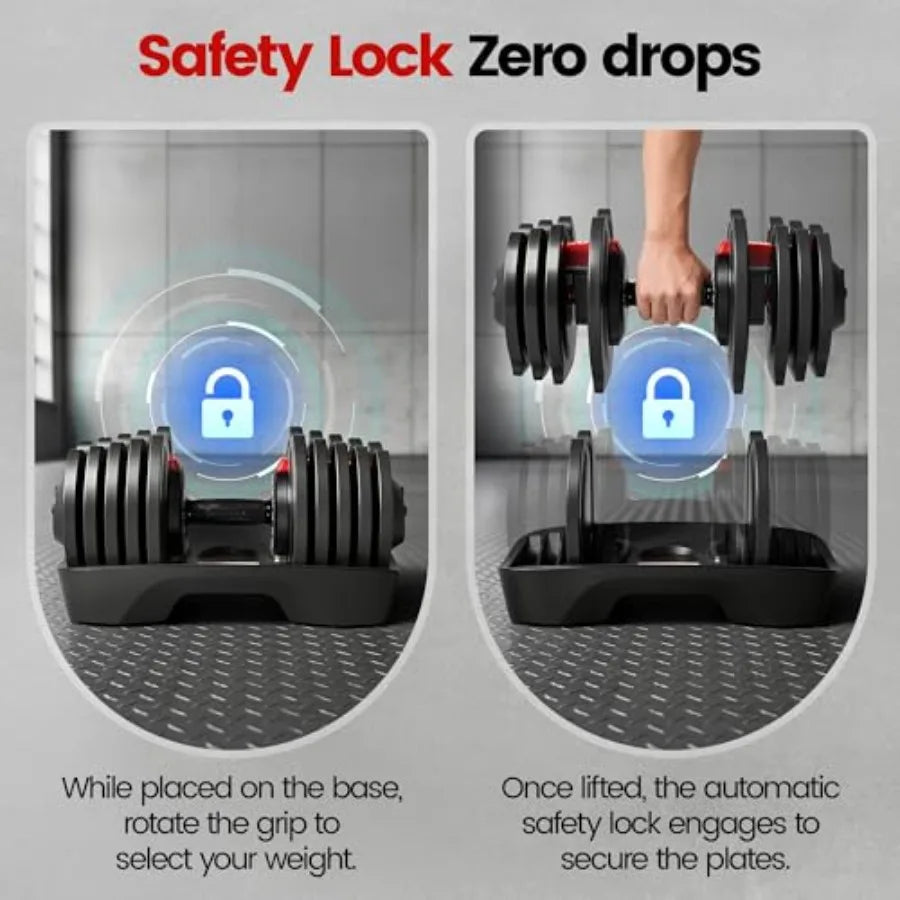 Adjustable Dumbbell Set 90 lbs Weights 1 Hand Rotation Safety Lock System Anti-Slip Textured Handle Space-Saving Dumbbell Set f