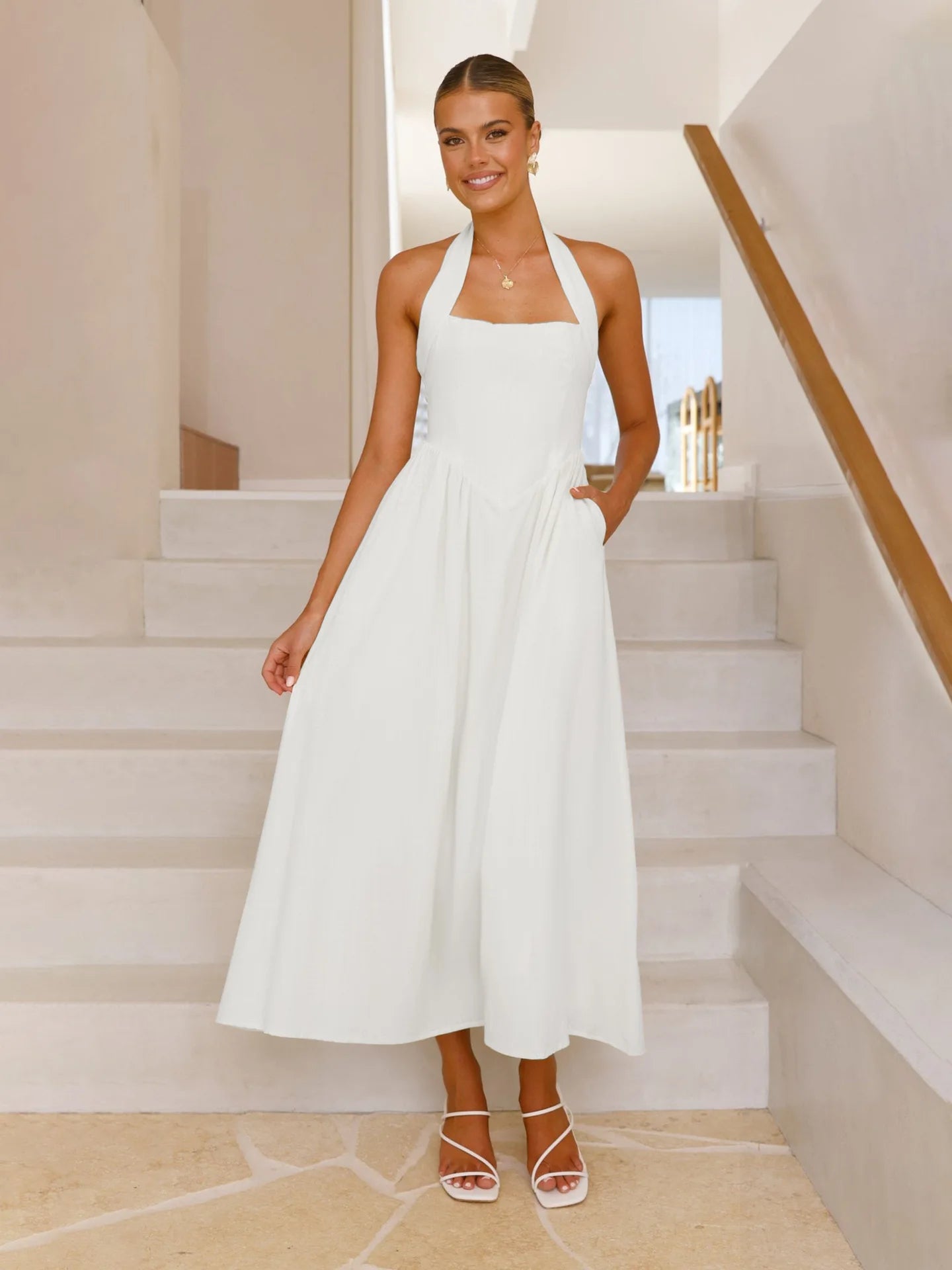 European and American Women's Clothing 2025 New Temperament Solid Color Square Collar Waist Halter Neck Backless Dress