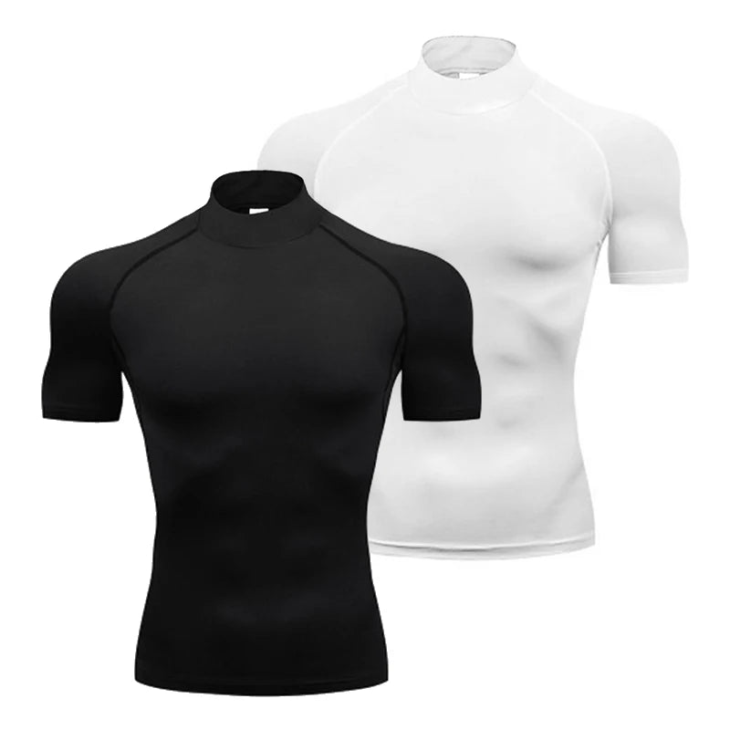 Plain Compression T Shirts Mens Summer Running T-shirts Turtleneck Elastic Quick Dry Sport Tees Athletic Gym Short Sleeve Shirt