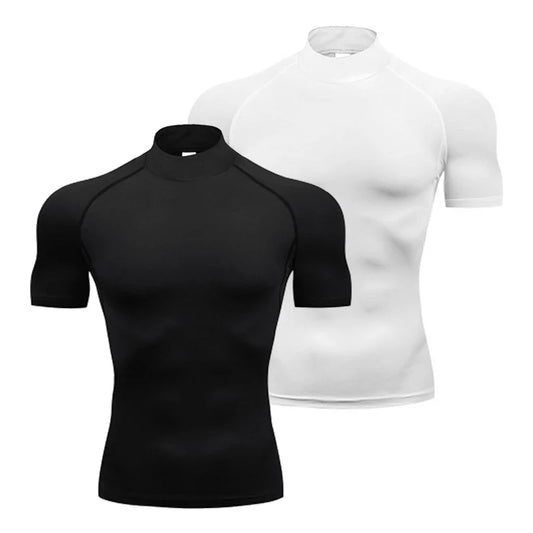 Plain Compression T Shirts Mens Summer Running T-shirts Turtleneck Elastic Quick Dry Sport Tees Athletic Gym Short Sleeve Shirt