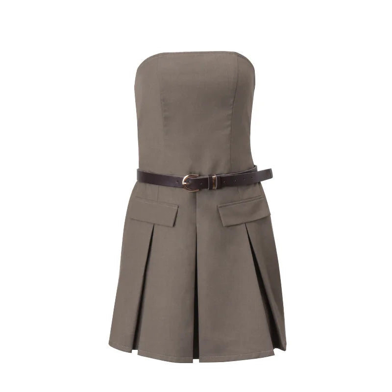 Women's clothing 2025 European and American new fashion personality street retro strapless slim fit dress pleated skirt