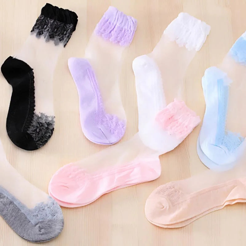 1 Pair Spring Summer Ladies Ultrathin Lace Embroidery Silk Transparent Glass Crytal Stretch Women Soft Elastic Breathable Socks